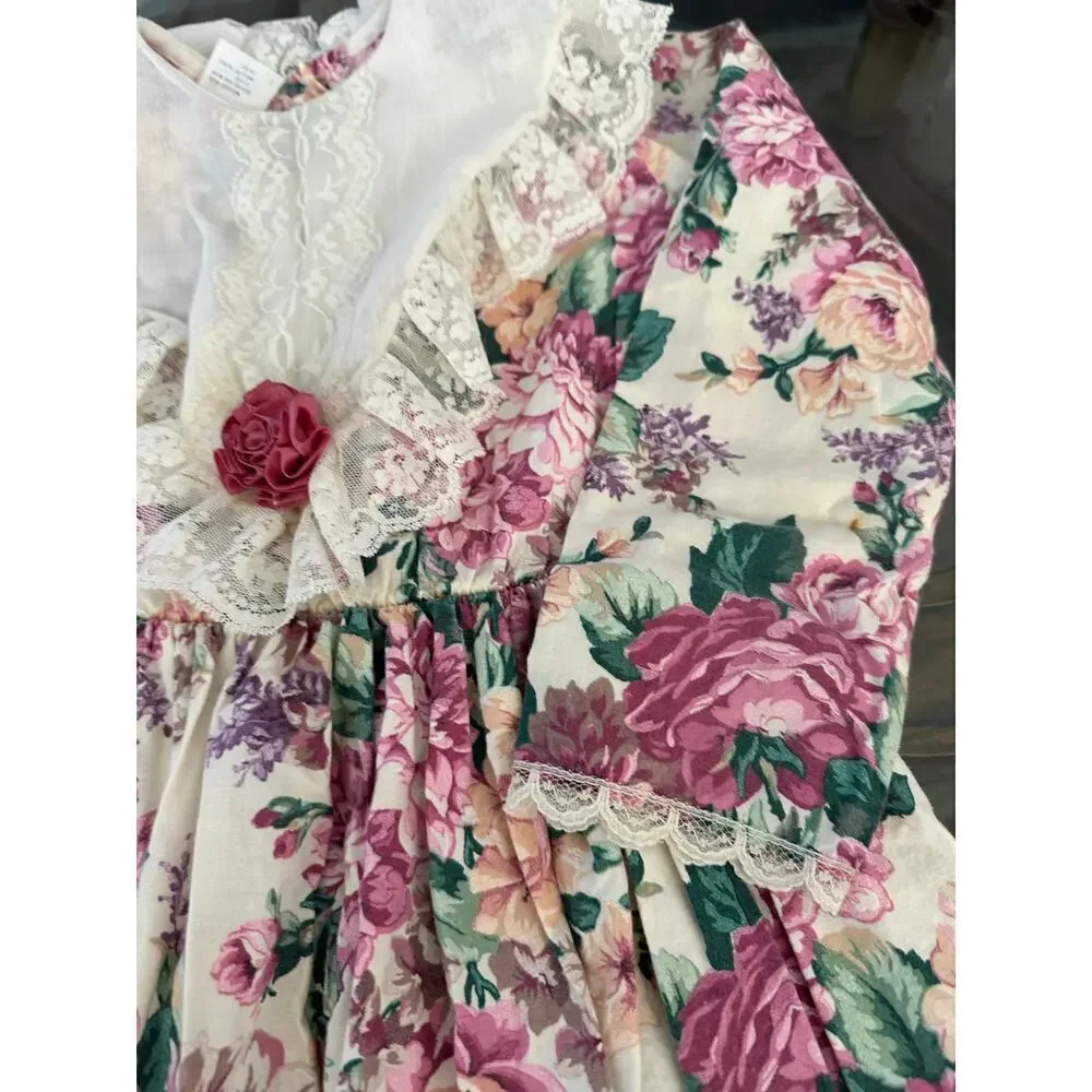 Vintage Celeste Kids Girls Floral Print Lace Trim Dress Size 7 80s 90s